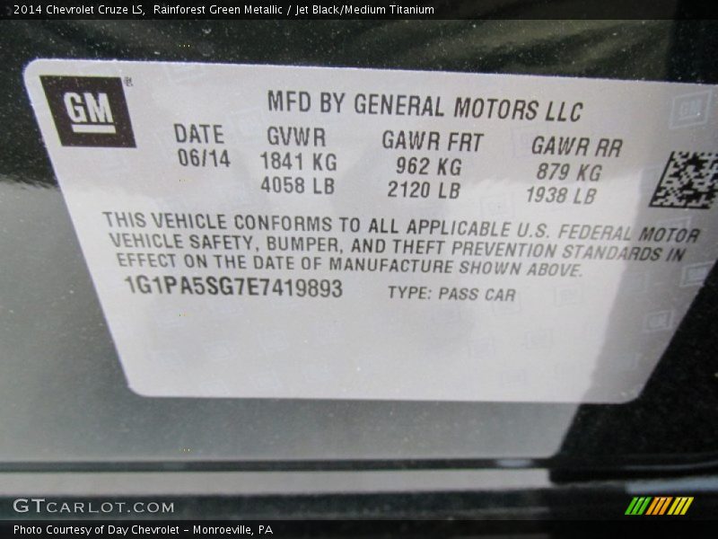 Rainforest Green Metallic / Jet Black/Medium Titanium 2014 Chevrolet Cruze LS