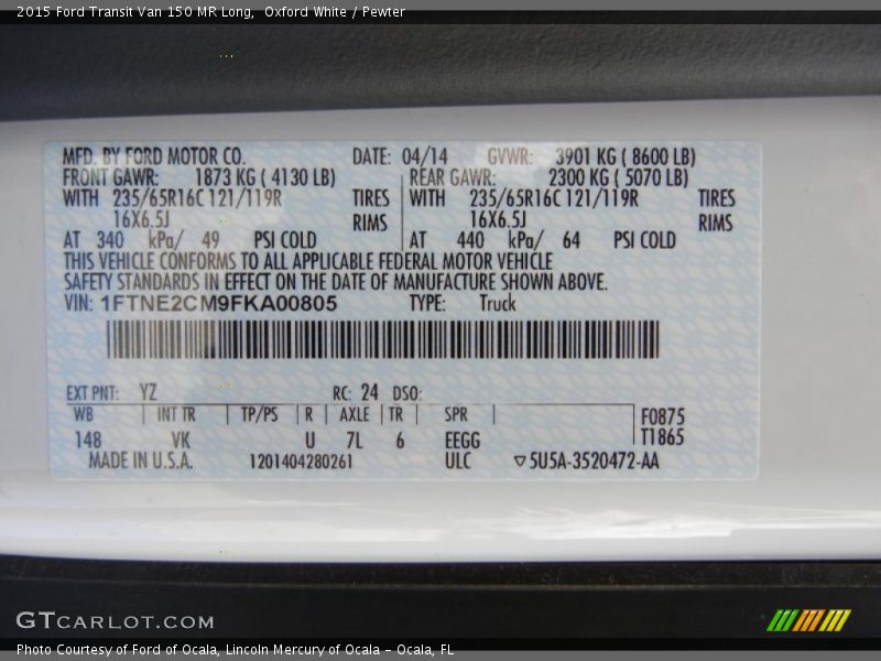 2015 Transit Van 150 MR Long Oxford White Color Code YZ