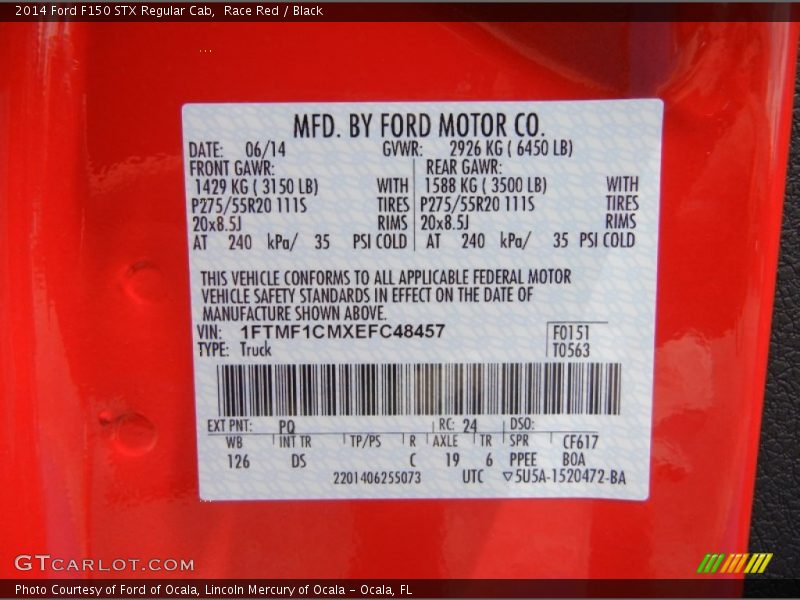 2014 F150 STX Regular Cab Race Red Color Code PQ