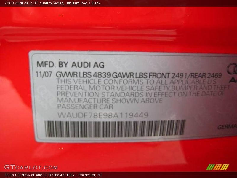 Brilliant Red / Black 2008 Audi A4 2.0T quattro Sedan