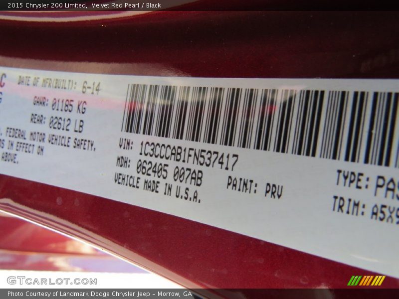 Velvet Red Pearl / Black 2015 Chrysler 200 Limited