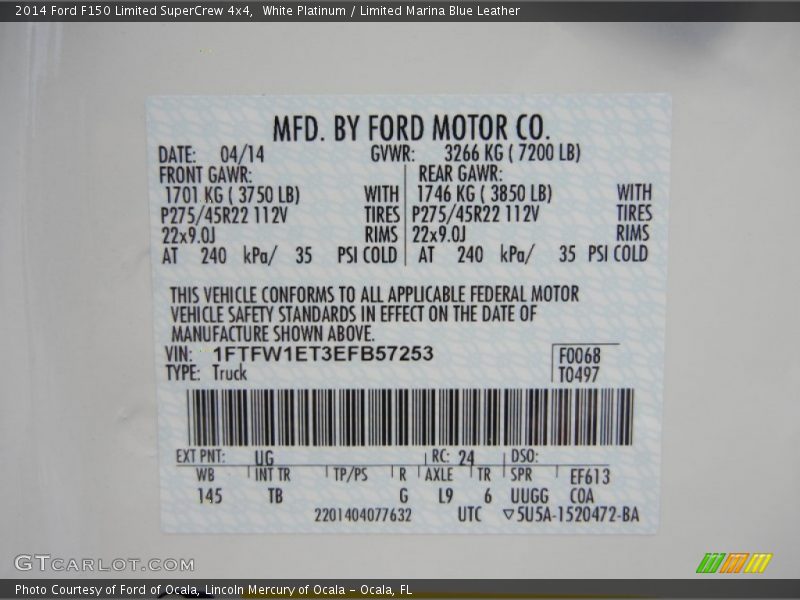 White Platinum / Limited Marina Blue Leather 2014 Ford F150 Limited SuperCrew 4x4