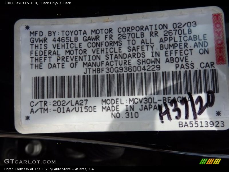 Black Onyx / Black 2003 Lexus ES 300