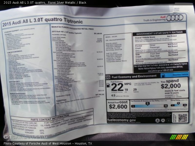  2015 A8 L 3.0T quattro Window Sticker