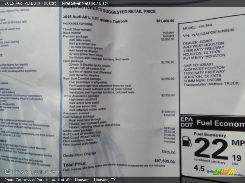  2015 A8 L 3.0T quattro Window Sticker