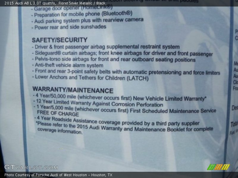  2015 A8 L 3.0T quattro Window Sticker