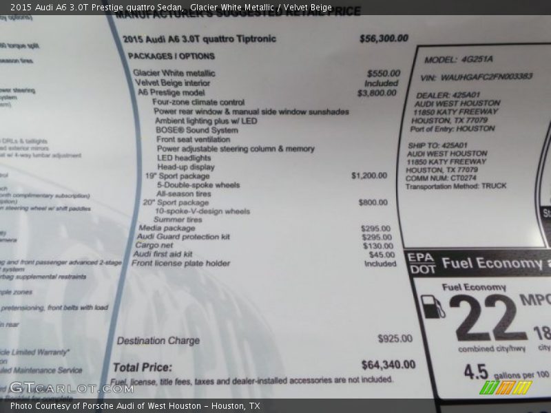  2015 A6 3.0T Prestige quattro Sedan Window Sticker