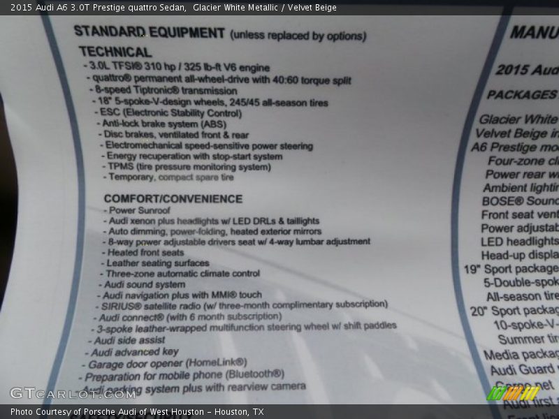  2015 A6 3.0T Prestige quattro Sedan Window Sticker