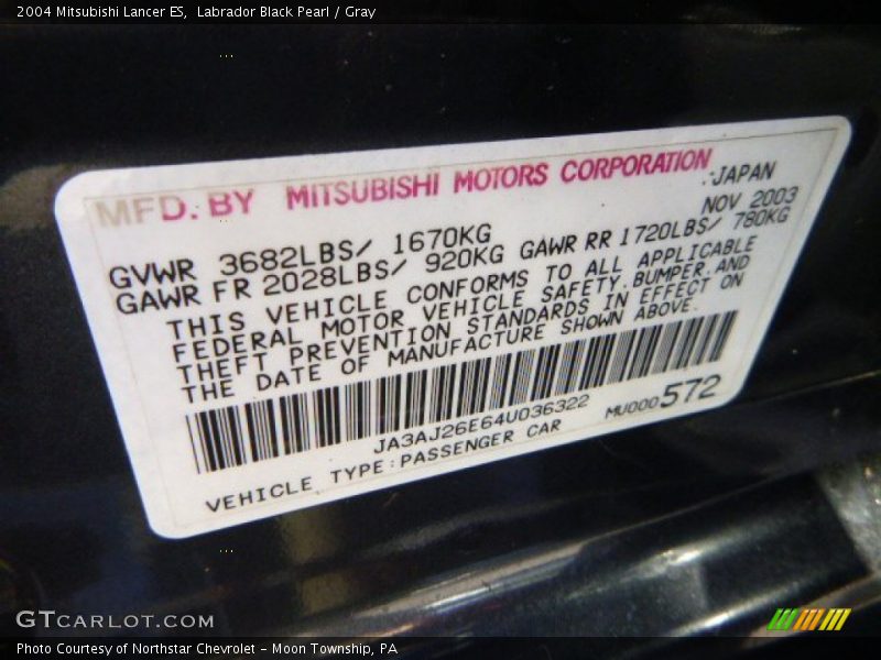 Labrador Black Pearl / Gray 2004 Mitsubishi Lancer ES