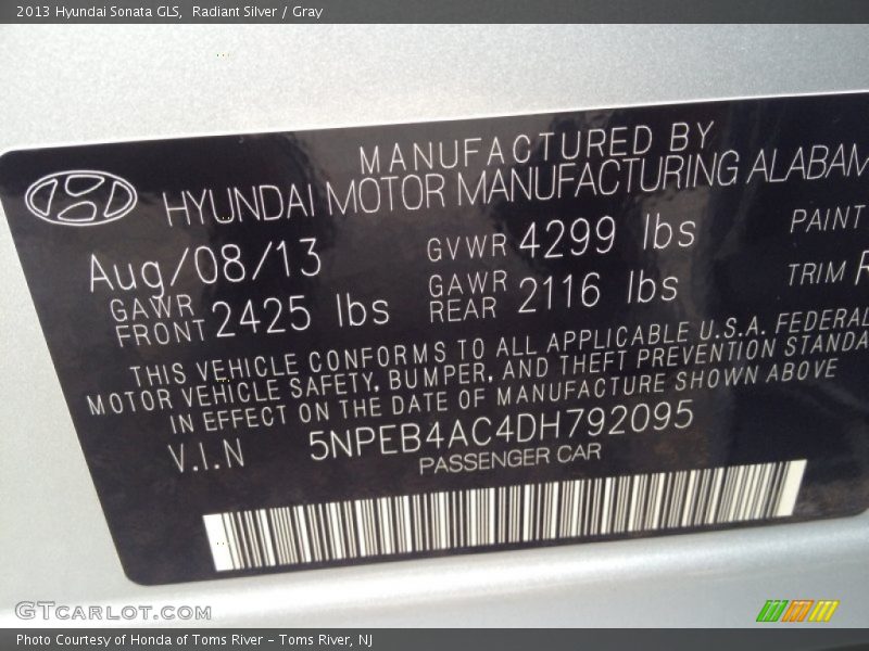 Radiant Silver / Gray 2013 Hyundai Sonata GLS
