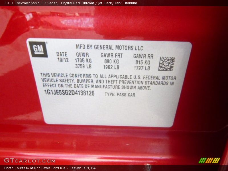 Info Tag of 2013 Sonic LTZ Sedan