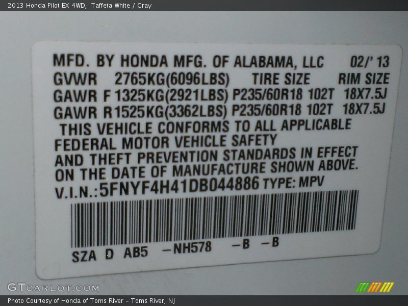 Taffeta White / Gray 2013 Honda Pilot EX 4WD