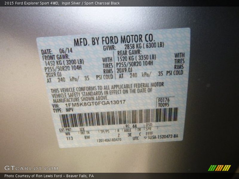 Ingot Silver / Sport Charcoal Black 2015 Ford Explorer Sport 4WD