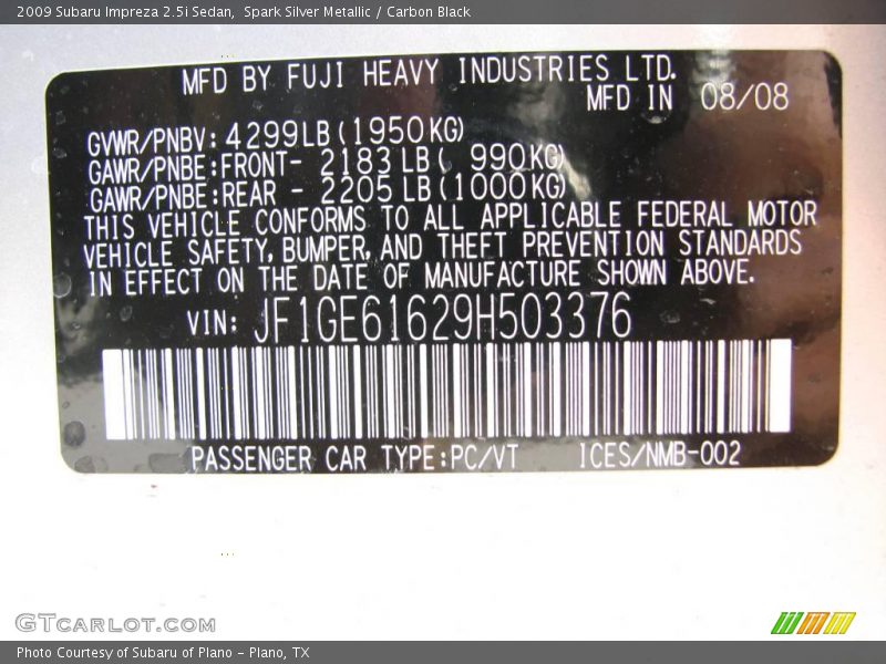 Spark Silver Metallic / Carbon Black 2009 Subaru Impreza 2.5i Sedan