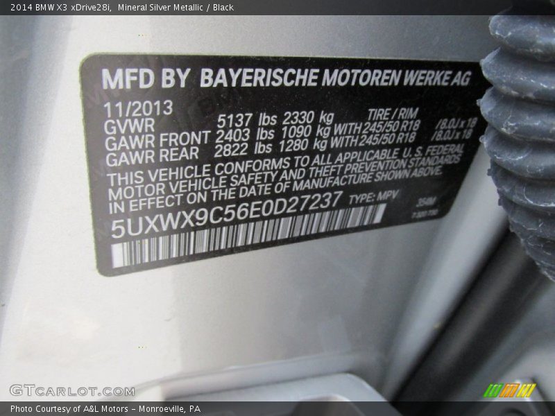 Mineral Silver Metallic / Black 2014 BMW X3 xDrive28i