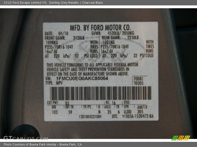 Sterling Grey Metallic / Charcoal Black 2010 Ford Escape Limited V6