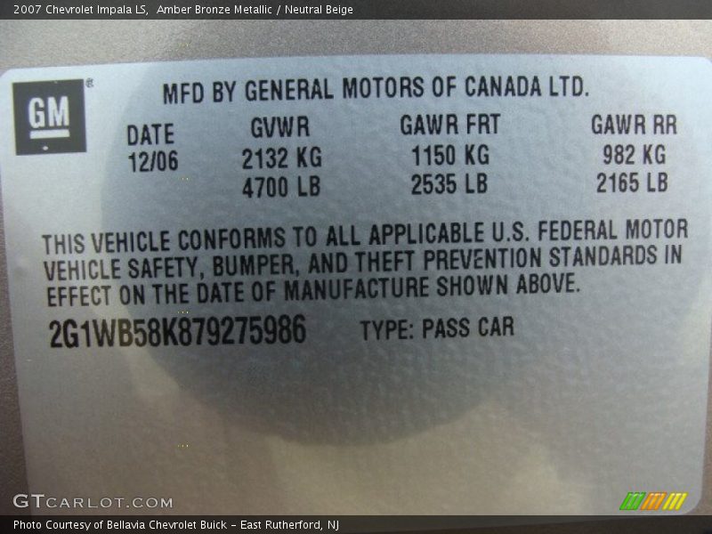 Amber Bronze Metallic / Neutral Beige 2007 Chevrolet Impala LS