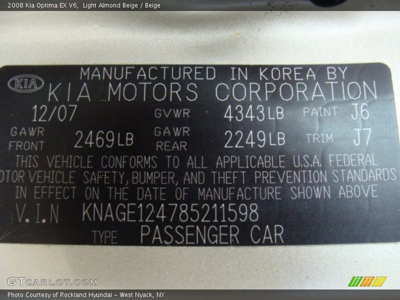 Light Almond Beige / Beige 2008 Kia Optima EX V6