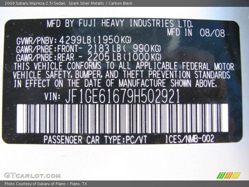 Spark Silver Metallic / Carbon Black 2009 Subaru Impreza 2.5i Sedan