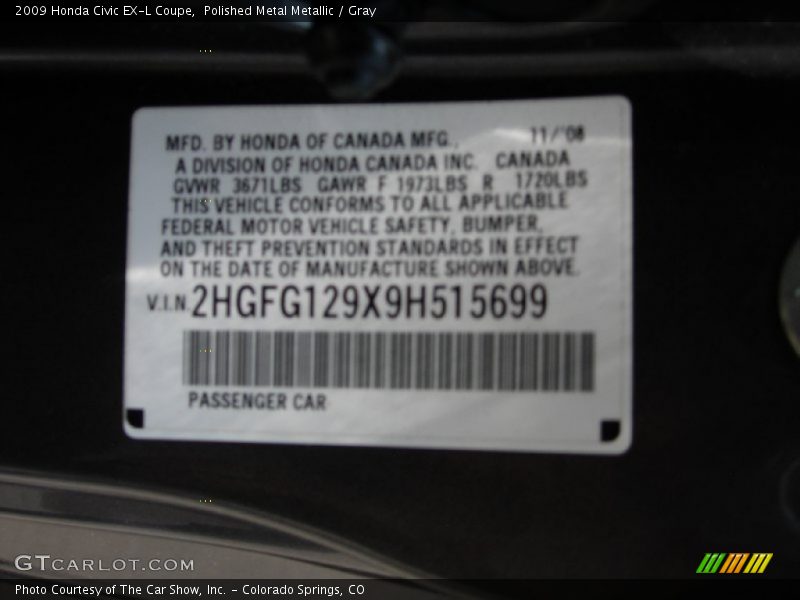 Polished Metal Metallic / Gray 2009 Honda Civic EX-L Coupe