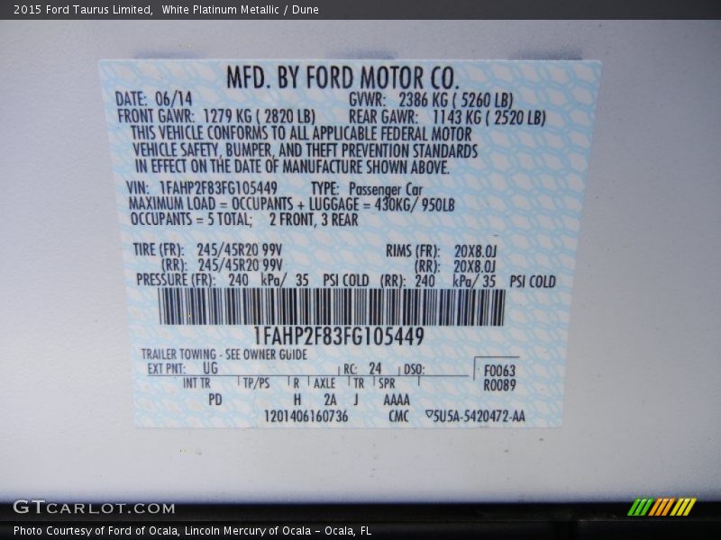 White Platinum Metallic / Dune 2015 Ford Taurus Limited