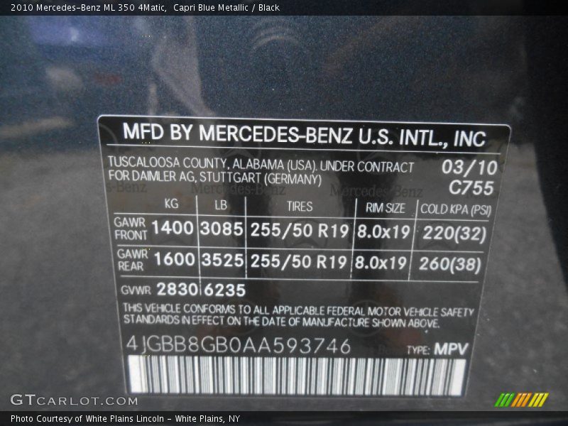 Capri Blue Metallic / Black 2010 Mercedes-Benz ML 350 4Matic