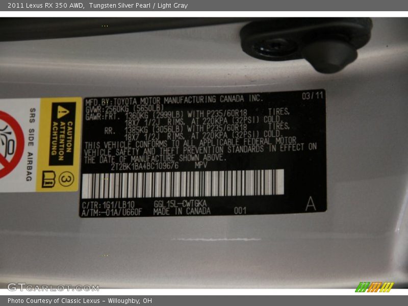 Tungsten Silver Pearl / Light Gray 2011 Lexus RX 350 AWD