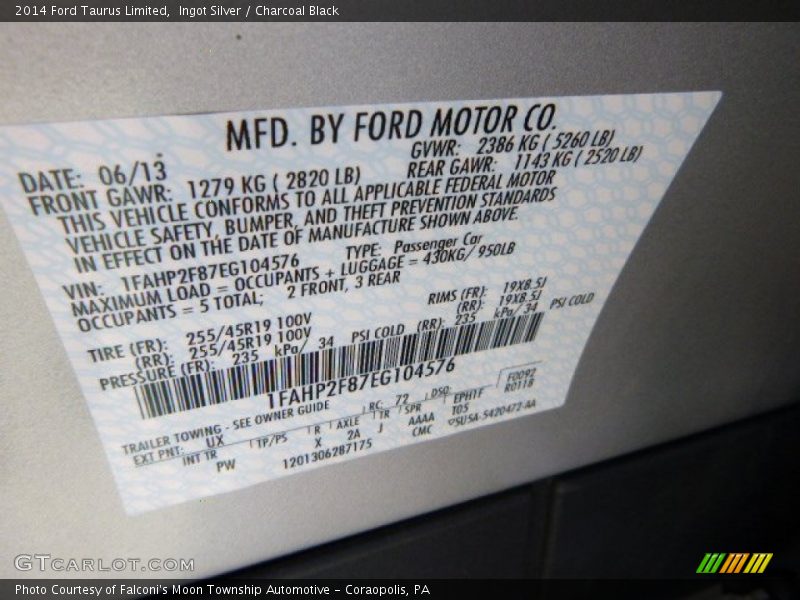 Ingot Silver / Charcoal Black 2014 Ford Taurus Limited