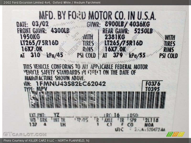 Oxford White / Medium Parchment 2002 Ford Excursion Limited 4x4