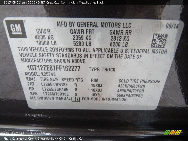 Info Tag of 2015 Sierra 2500HD SLT Crew Cab 4x4