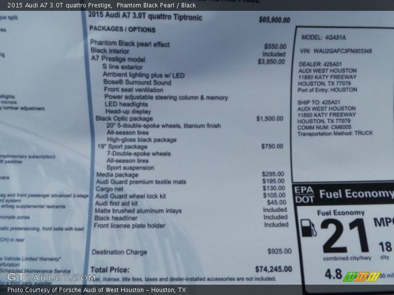  2015 A7 3.0T quattro Prestige Window Sticker