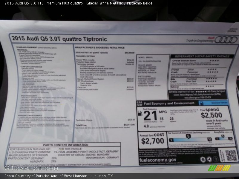  2015 Q5 3.0 TFSI Premium Plus quattro Window Sticker