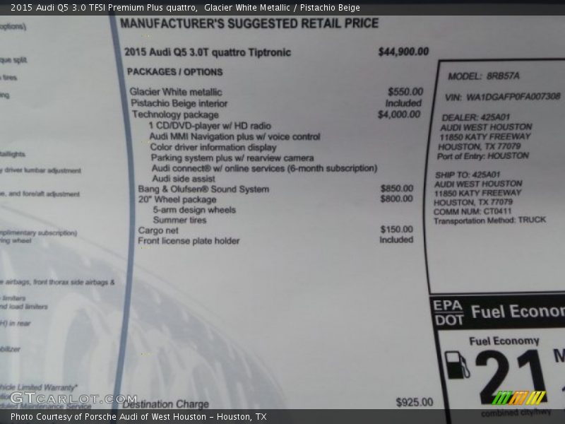  2015 Q5 3.0 TFSI Premium Plus quattro Window Sticker