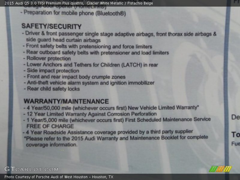  2015 Q5 3.0 TFSI Premium Plus quattro Window Sticker