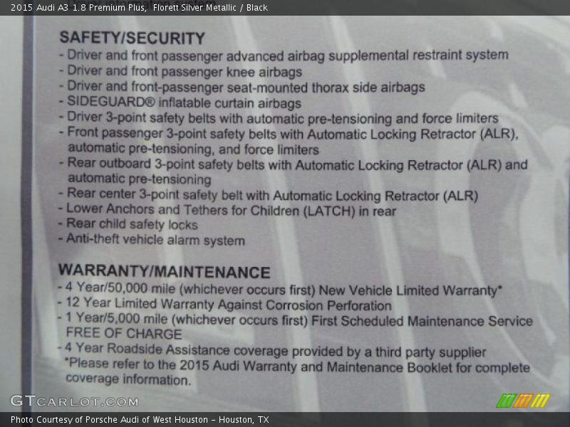  2015 A3 1.8 Premium Plus Window Sticker