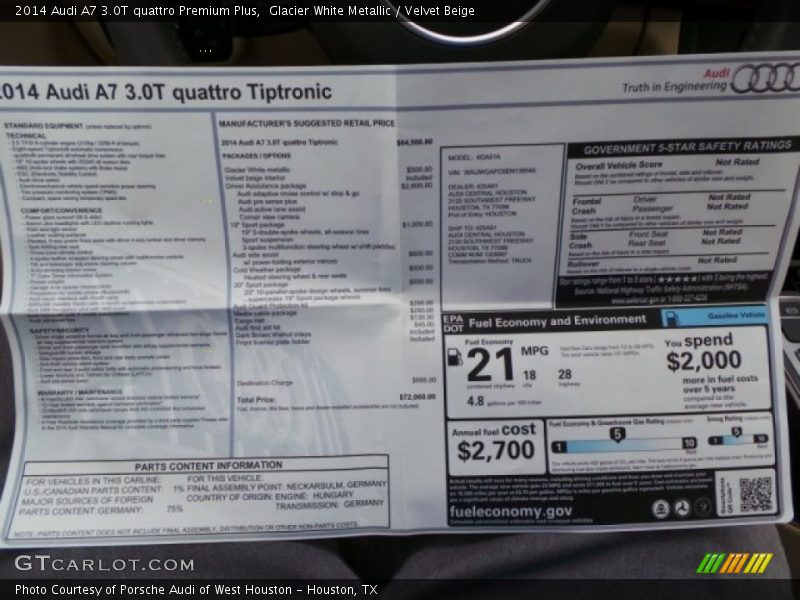 Glacier White Metallic / Velvet Beige 2014 Audi A7 3.0T quattro Premium Plus