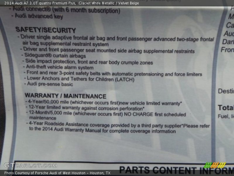 Glacier White Metallic / Velvet Beige 2014 Audi A7 3.0T quattro Premium Plus