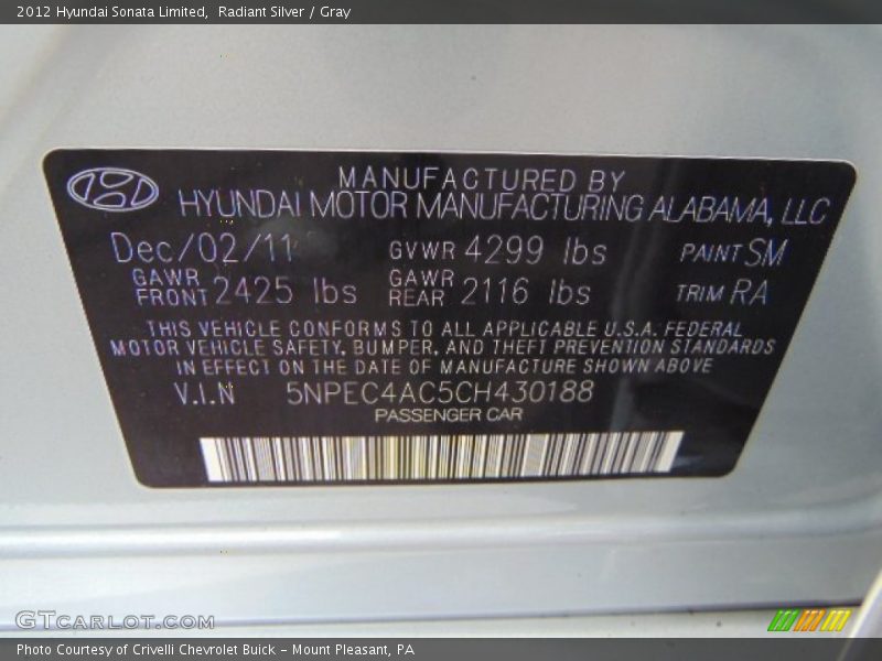 Radiant Silver / Gray 2012 Hyundai Sonata Limited