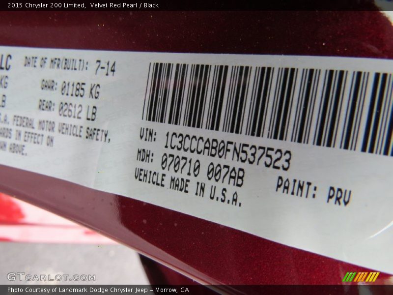 Velvet Red Pearl / Black 2015 Chrysler 200 Limited