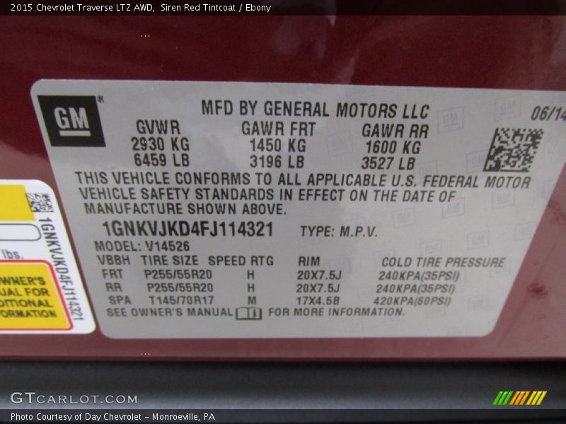 Info Tag of 2015 Traverse LTZ AWD