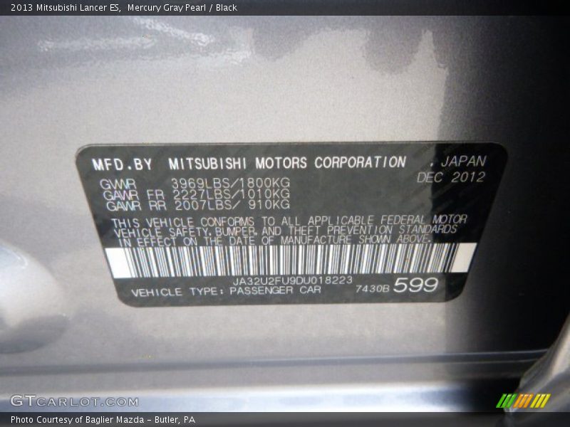 Mercury Gray Pearl / Black 2013 Mitsubishi Lancer ES