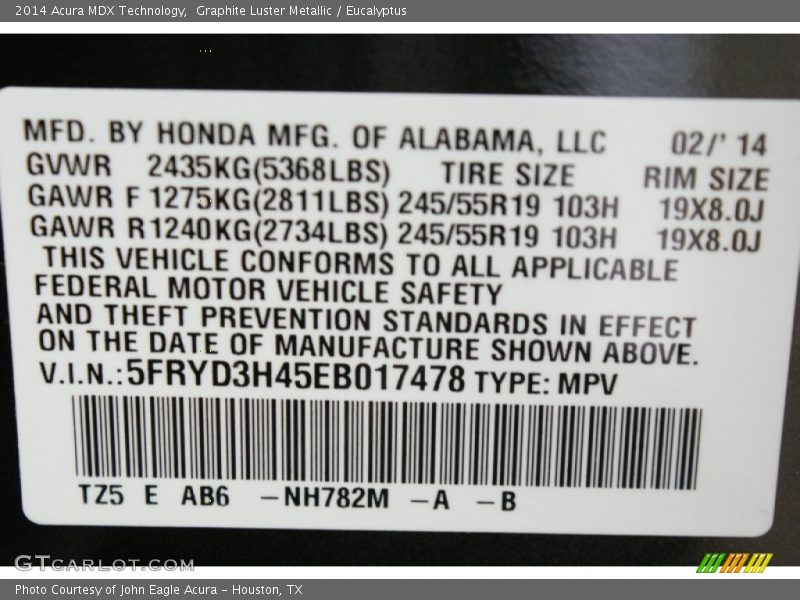 Graphite Luster Metallic / Eucalyptus 2014 Acura MDX Technology