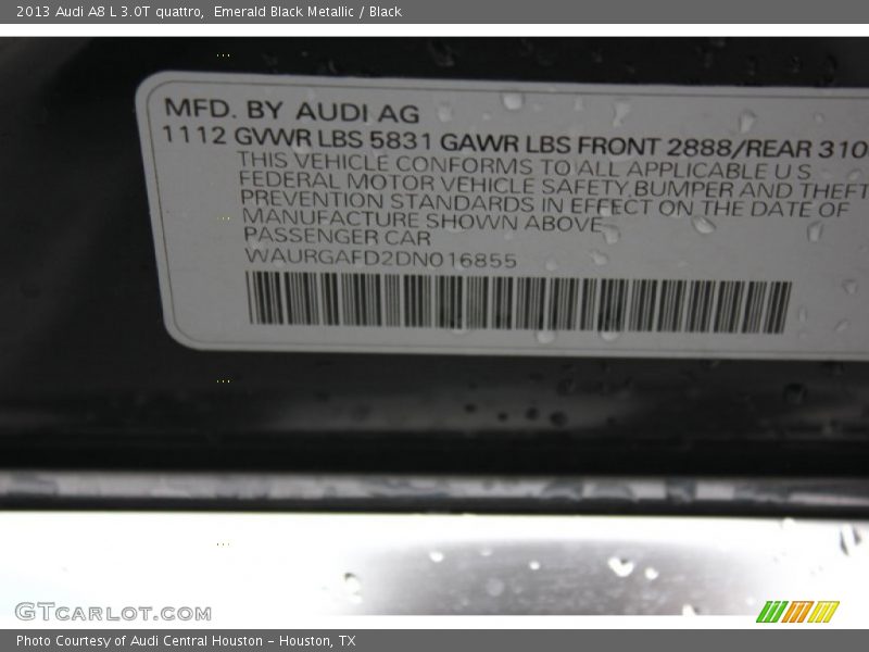 Emerald Black Metallic / Black 2013 Audi A8 L 3.0T quattro