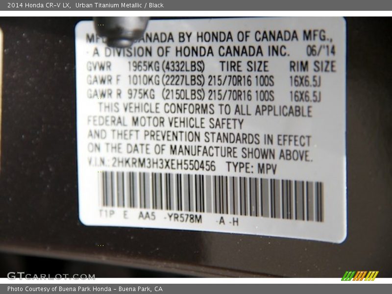 Urban Titanium Metallic / Black 2014 Honda CR-V LX