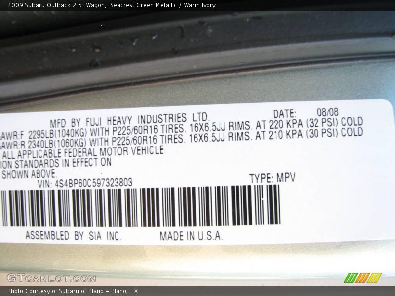Seacrest Green Metallic / Warm Ivory 2009 Subaru Outback 2.5i Wagon