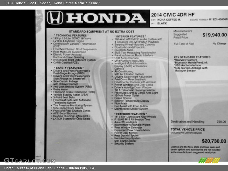  2014 Civic HF Sedan Window Sticker