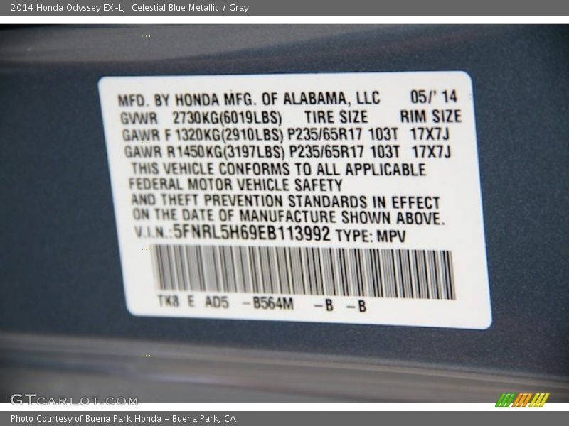 Celestial Blue Metallic / Gray 2014 Honda Odyssey EX-L