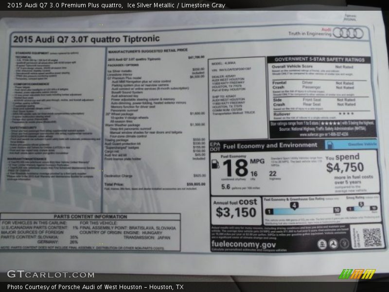 Ice Silver Metallic / Limestone Gray 2015 Audi Q7 3.0 Premium Plus quattro