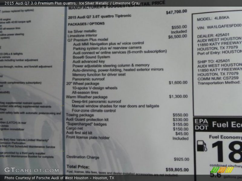 Ice Silver Metallic / Limestone Gray 2015 Audi Q7 3.0 Premium Plus quattro