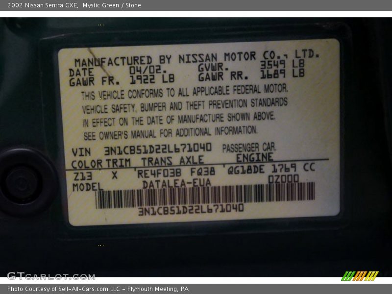 Mystic Green / Stone 2002 Nissan Sentra GXE